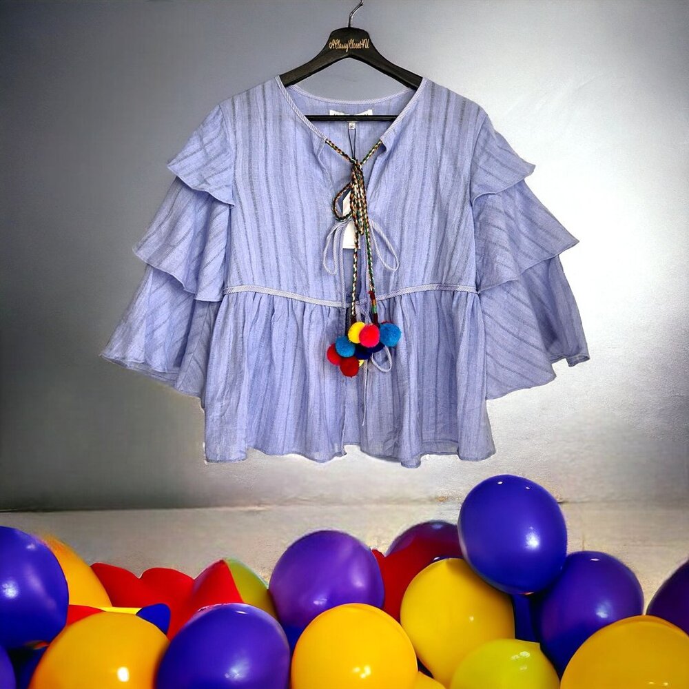 English Factory Blue Layered Cotton Tie Front Pom Pom Blouse S